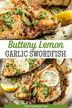 buttery lemon garlic swordfish on a plate with lemons and parsley