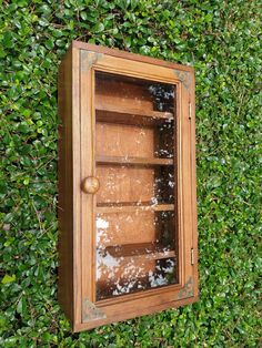 an old wooden medicine cabinet sitting on top of a lush green wall covered in ivy