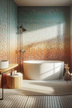 a bath room with a large tub and a sink