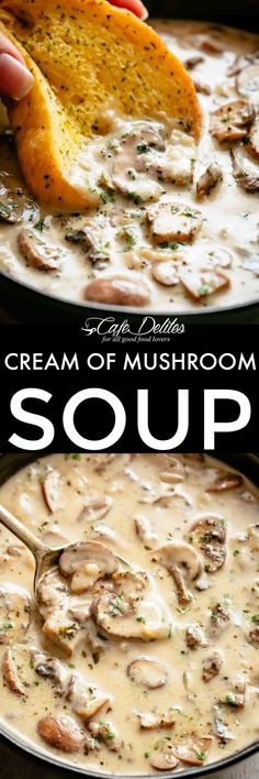 two bowls of cream of mushroom soup with bread in the background and text overlay