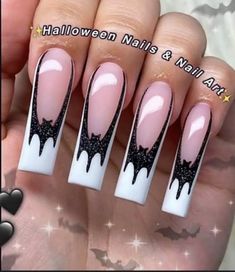 Bat French Tip Nails Square, Long Square Halloween Nails, Halloween French Tip Nails Acrylic, Bat Nails Designs, Bat French Tip Nails, Batman Nails Design, Batman Nails Acrylic, Bat French Tip, Black Nails For Halloween