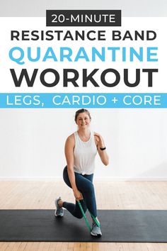 a woman is doing a cardio and core workout with the words 20 - minute mini band workout