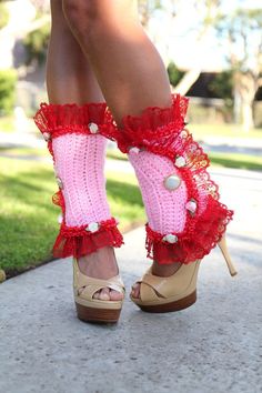 Be charmed and delighted with lacy, Victorian style leg warmers...perfect for a tea party, Valentine's Day, or anytime you're feeling whimsical!! These elegantly cozy spats feature crochet work in a lovely pastel pink yarn and come trimmed with a froth of ruffled red lace and organza trim. Tiny satin rosettes and pretty pearl buttons, plated in 24k gold, complete this fairytale look. -Sizes XXS-XL. (See image 5 for the size chart, and chose your size, in combination with your height, from the dr Style Leg Warmers, Crochet Work, Kawaii Accessories, Pink Yarn, From Santa, Pearl Buttons, Red Lace, Goth Fashion, Victorian Style