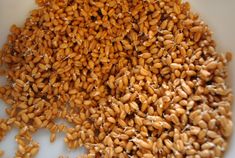 a white bowl filled with brown grains on top of a table