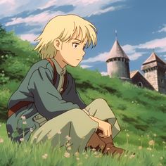 an anime character sitting in the grass with castle in the back ground and clouds overhead