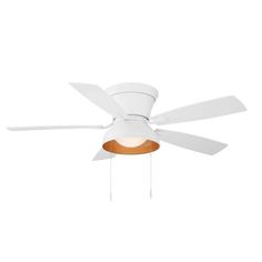 a white ceiling fan with three blades and a light on the top, against a white background