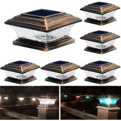 solar powered outdoor lights on top of wooden posts