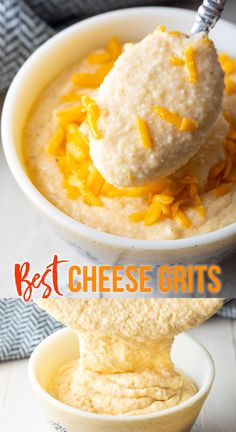 a bowl of cheese grits with a spoon in it and the words best cheese grits on top