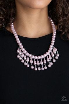 Pearly pink teardrop beads link with classic pink pearls as they drip from a timeless strand of pink pearls. Sprinkled with dainty crystal-like accents, the refined fringe cascades below the collar for a glamorous finish. Features an adjustable clasp closure. Sold as one individual necklace. Includes one pair of matching earrings. Pink Pearl Necklace, Pink Pearls, Pink Bubbles, Teardrop Beads, Pink Necklace, Paparazzi Accessories, Teardrop Necklace, Affordable Jewelry, Paparazzi Jewelry