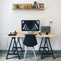 a desk with a computer on top of it