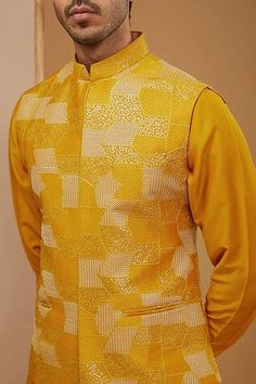 Mustard sleeveless bundi with thread, sequin embroidery in geometric pattern. Paired with full sleeve kurta and off-white mexican pant. - Aza Fashions Kurta Pajama With Nehru Jacket, Raw Silk Embroidery, Kurta Set For Men, Nehru Jacket, Sequin Embroidery, Kurta Pajama, Nehru Jackets, Sequins Embroidery, Silk Embroidery