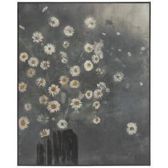 a painting of white daisies in a vase on a gray background with black border