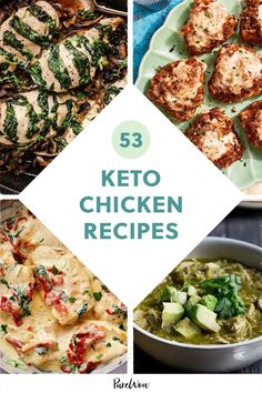 keto chicken recipe collage with text overlay that reads, 53 keto chicken recipes