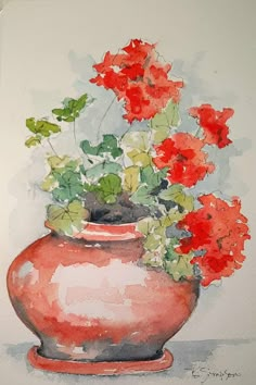 a painting of red flowers in a vase