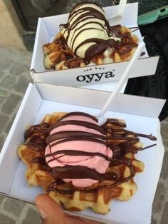 two waffles with ice cream and chocolate drizzled on the top