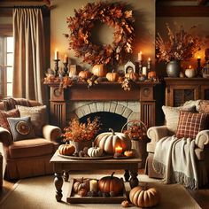 a living room decorated for fall with pumpkins and candles on the fireplace mantel