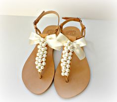 Wedding sandals- Greek leather sandals decorated with white pearls and satin bow -Bridal party shoes- Ivory women flats- Bridesmaid sandals by dadahandmade on Etsy Bridal Sandals Flat, White Bridal Sandals, Bridesmaid Flats, Bridal Party Shoes, Bridesmaid Sandals, Flat Sandals Wedding, Ivory Sandals, Sandals Greek, Beach Wedding Shoes