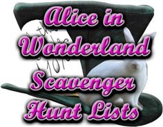 the words alice in wonderland scavenger hunt lists are pink and black with white birds