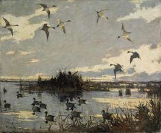 a painting of ducks flying over the water