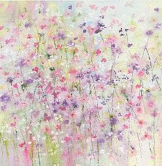 an abstract painting with pink, purple and white flowers