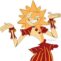 an image of a cartoon character in red and yellow dress holding her hands out to the side