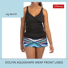 Get ready for vacation or pool time with this women�s tankini swim top by Dolfin Aquashape. It's made from a stretch-knit with UV protection, and has a wrap-style front, a v-neckline, and adjustable shoulder straps.Strap Type: TankFeatures: Stretch Fabric, Lined, Uv Protection, Comfort StrapsSupport: Medium SupportSwimwear Coverage: FullFiber Content: 91% Polyester, 9% SpandexFabric Description: KnitLining Material: PolyesterCare: Hand WashSwimwear Enhancers: Enhances BustCountry of Origin: Imp… Black Swim Skirt For Poolside Vacation, Black Swim Skirt For Vacation Poolside, Fitted Swimwear For Sports On Vacation, Fitted Tankini With Upf 50+ For Beach, Fitted Tankini With Upf 50+ For Summer, Black Stretchy Tankini For Vacation, Sleeveless Swim Dress For Beach Season, Black Stretch Tankini For Vacation, Fitted Sleeveless Tankini With Upf 50+