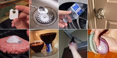 several pictures showing different things that are being used in the kitchen and on the stove