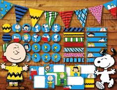 peanuts and charlie brown birthday party supplies on a wooden table with snoop's decorations