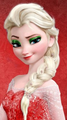 a drawing of a frozen princess with long blonde hair and green eyeshades, wearing a red dress