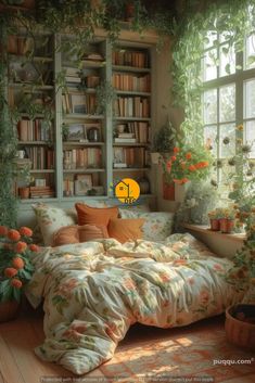 a bedroom with lots of plants and bookshelves in the window sill area