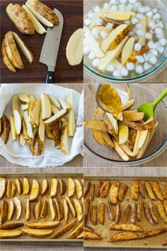 four pictures showing how to make baked apples in the oven and then cut them into wedges