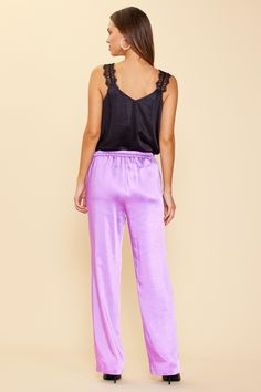 Simple yet sophisticated, these satin pants have a high waist and an easy straight-leg silhouette. The elasticized back waistband makes for an extra-comfortable fit. •Pull-on style •Clean front •Elasticized back waistband •Straight-leg silhouette Item number 73927 100% Polyester Chic Satin Tapered Leg Pants, Solid Satin Pants With Elastic Waistband, Satin Loungewear Pants For Spring, Satin Trousers For Loungewear, Casual Satin Loungewear Bottoms, Satin Pants For Spring Loungewear, Satin Lounge Pants With Elastic Waistband, Casual Satin Bottoms For Loungewear, Comfortable Satin Lounge Pants