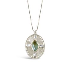 "This glowing pendant features a center Marquise gemstone and rays with CZ baguettes. The pendant is 22mm x 30mm, and features a simulated Blue/Green Ocean colored Quartz. Box chain is 16\" long with a 2\" extender. Tarnish resistant, heavy 14K Gold over Brass or Rhodium over Brass with a Sterling Silver chain. A 14K gold filled chain upgrade is available, please choose \"gold filled chain\" from the selection box. Choose from 16\"-18\", or 24\" long" Luxury Festival Pendant Necklace, Luxury Medallion Necklace With Detachable Pendant, Luxury Enamel Medallion Necklace, Watermelon Quartz, Suspender Earrings, Green Watermelon, Oval Pendant Necklace, Color Quartz, Green Ocean