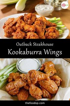 chicken wings and celery on a white plate with the words, outback steakhouse kokabura wings