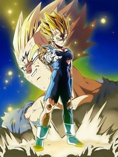 the dragon ball character is standing in front of some mountains and stars, with his arms outstretched