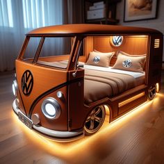 a bed made to look like a vw bus is shown in the middle of a room