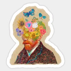 Vincent van Gogh headflowers self-portrait Sticker Flower Head Art, Head With Flowers, Sticker Collage, Van Gogh Self Portrait, Funny Laptop Stickers, Head Art, Collage Book