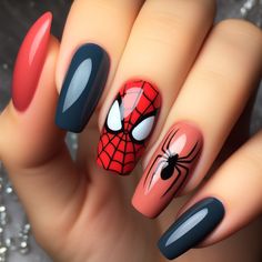 Nail ideas Spiderman Inspired Nails Simple, Spidey And His Amazing Friends Nails, Spider Man Nail Ideas, Nails Ideas Spiderman, Music Nail Ideas, Easy Spider Man Nails, Simple Spider Man Nails, Spiderman Manicure, Nail Ideas Spiderman