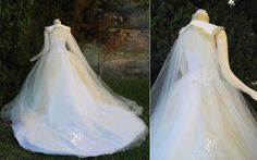 two pictures of a wedding dress on mannequins