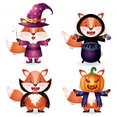 four cute little foxes dressed in halloween costumes