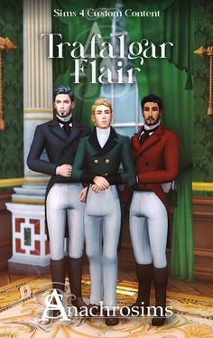 three men standing next to each other in front of a green curtain with the words trafalgar flair on it