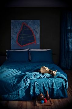 a cat laying on top of a blue bed in a room with wooden flooring