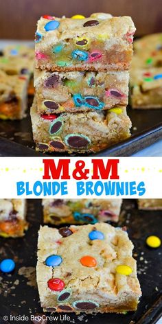 m & m blonde brownies stacked on top of each other