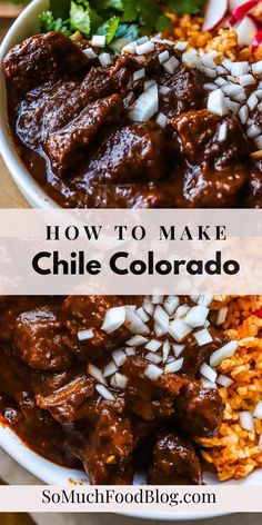 the best ever chili and rice in a white bowl with text overlay that reads, there's ever chile colorado