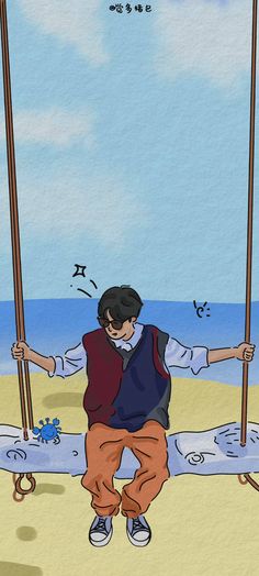 a man is sitting on a swing at the beach with his hands in his pockets