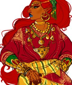 a drawing of a woman with red hair and gold jewelry on her head, holding a purse