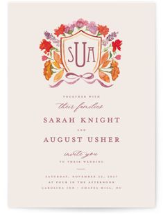 the front and back of a wedding card with an ornate crest surrounded by colorful flowers