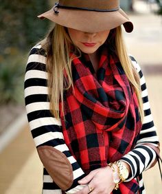 Buffalo plaid scarf. Stripes. Elbow patches. Scarf Outfits, Fall Prep, Buffalo Plaid Scarf, Lumberjack Plaid, Red Plaid Scarf, Scarf Ideas, Prep Style, Fall Styles, Project Runway