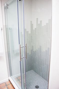 a walk in shower sitting inside of a bathroom