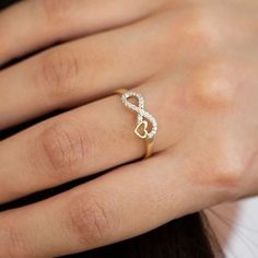 Infinity Heart Ring For Valentine's Day Anniversary, Valentine's Day Infinity Heart Ring For Anniversary, Dainty Infinity Stackable Promise Rings, Valentine's Day Infinity Heart Ring, Infinity Heart Ring For Valentine's Day Promise, Infinity Heart Ring For Valentine's Day, Heart Infinity Ring, Fiance Ring, Gold Infinity Ring